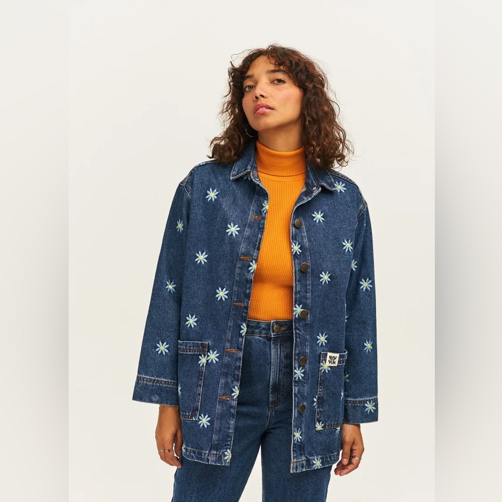 Lucy & Yak Blue Jean Jacket with White Floral Pattern